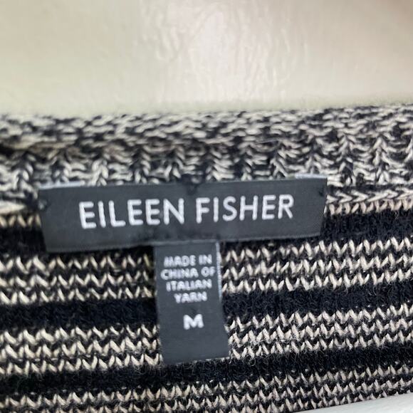 Eileen Fisher Size M Black Striped Wool-Linen Knit Relaxed Fit Lagenlook Sweater - Picture 3 of 7
